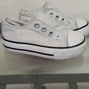 Shimmery silver canvas slip ons
